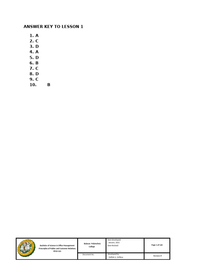 Answer Key to Assessment No. 1 | PDF