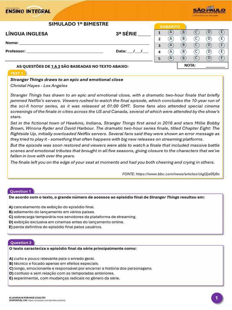 Língua Inglesa - 3 Série - 1º Bimestre (2026) 2 | PDF