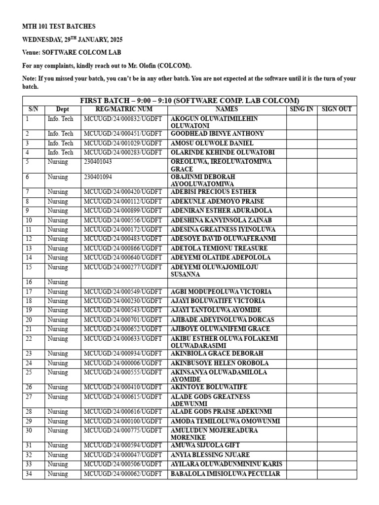 Updated Final List for MTH 101 Test Department by Department | PDF ...