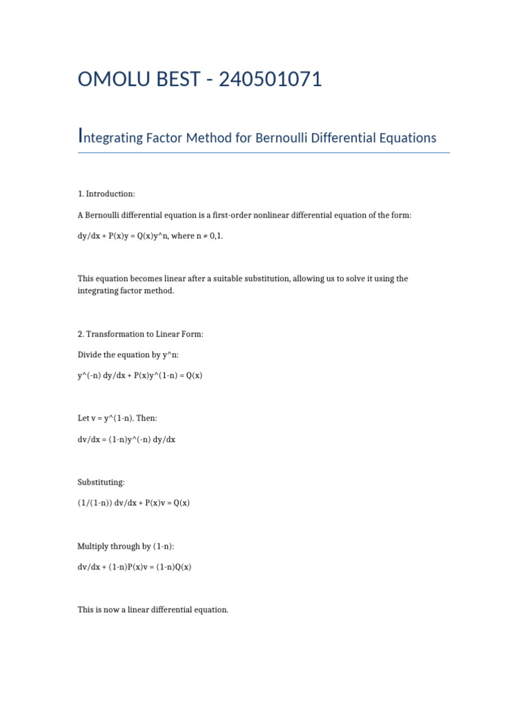 Bernoulli Integrating Factor Method | PDF