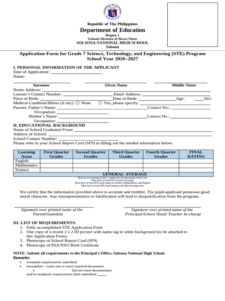Ste Application Form For Grade 7 Sy26-27 | PDF