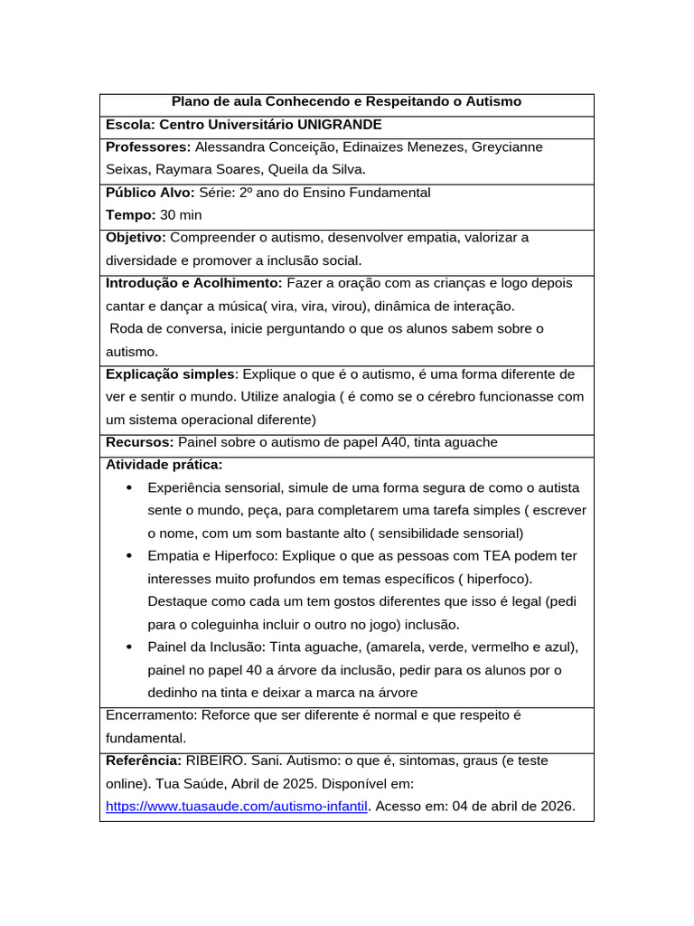 Plano de Aula Conhecendo e Respeitando o Autismo | PDF