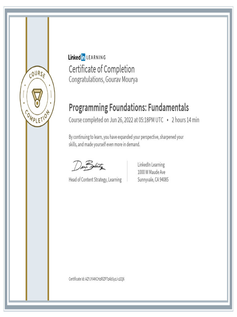 CertificateOfCompletion - Programming Foundations Fundamentals | PDF