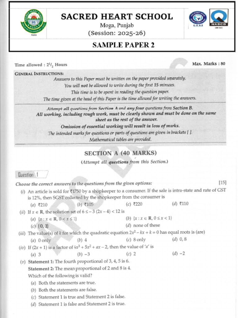 Sample Paper 1 | PDF
