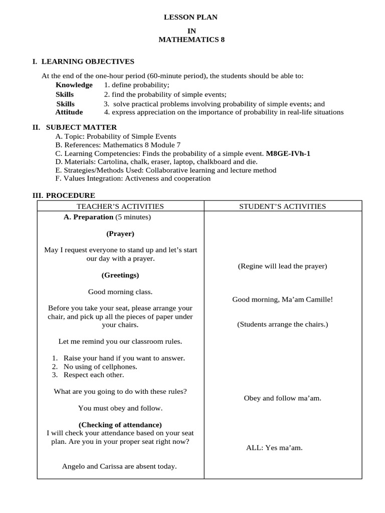 Detailed Lesson Plan in Mathematics 8 Finding the Probability of Simple ...