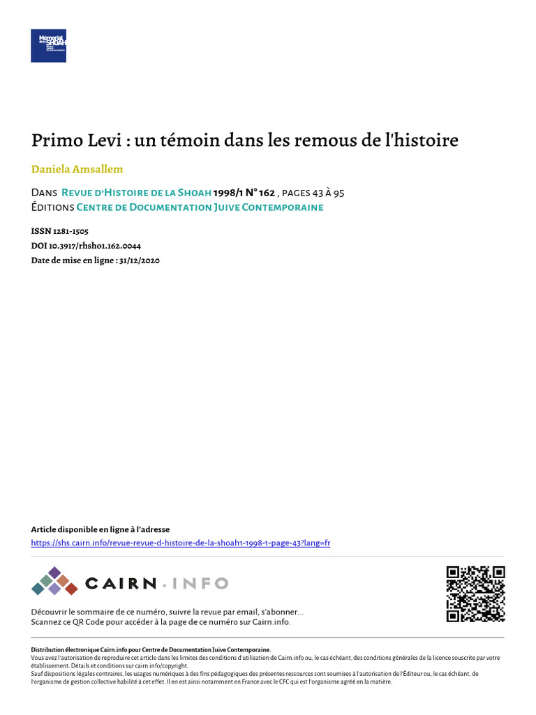 Amsallem 1998 Primo Levi Un Temoin Dans Les Remous de Lhistoire | PDF ...