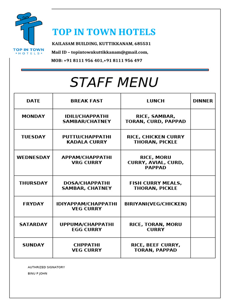 Staff Menu | PDF