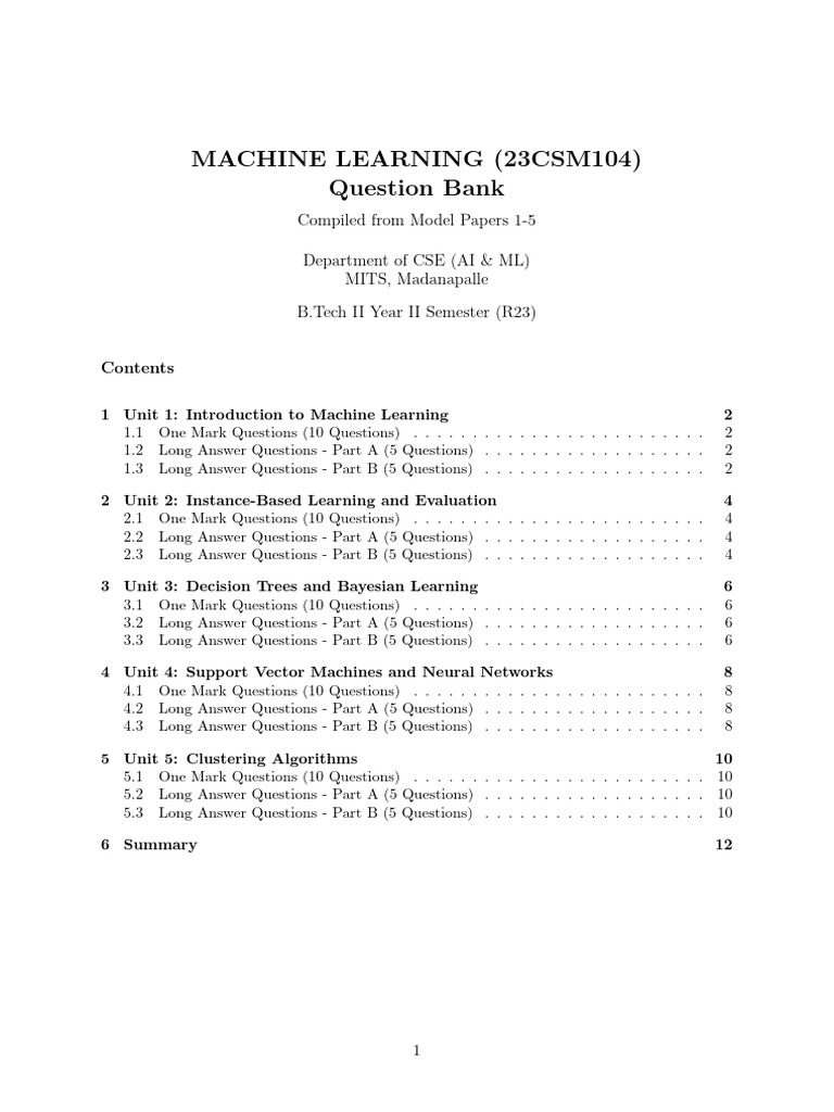 23CSM104 ML QuestionBank | PDF | Support Vector Machine | Cluster Analysis