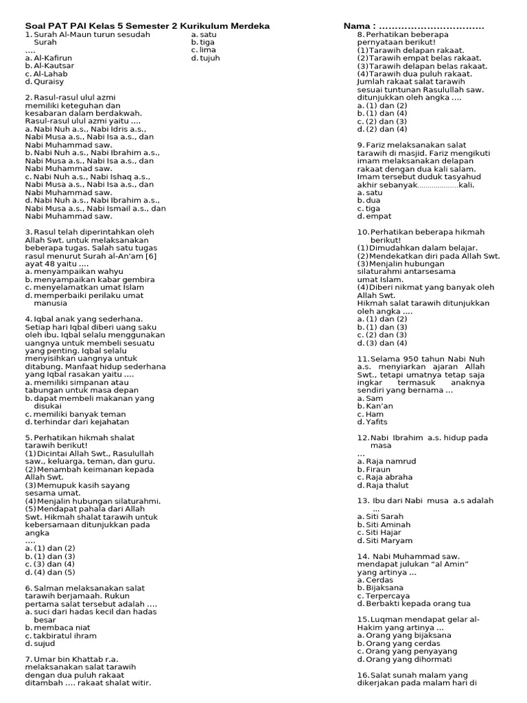 Soal Pat Pai Kelas 5 Semester 2 Kurikulum Merdeka Compress | PDF