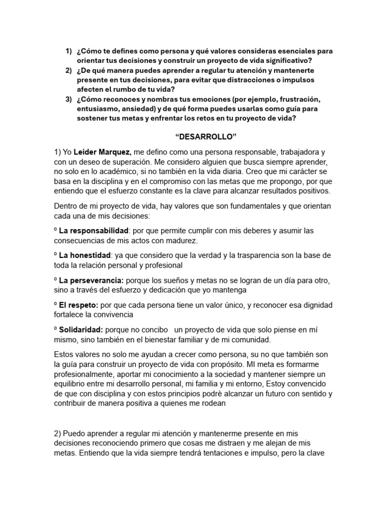 Taller Proyecto de Vida Leider | PDF | Las emociones | Conceptos ...