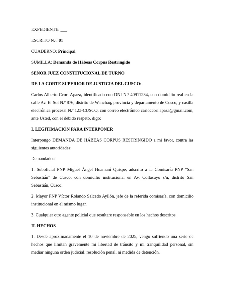 Demanda de Habeas Corpus Restrictivo Ul......... | PDF | Habeas corpus ...