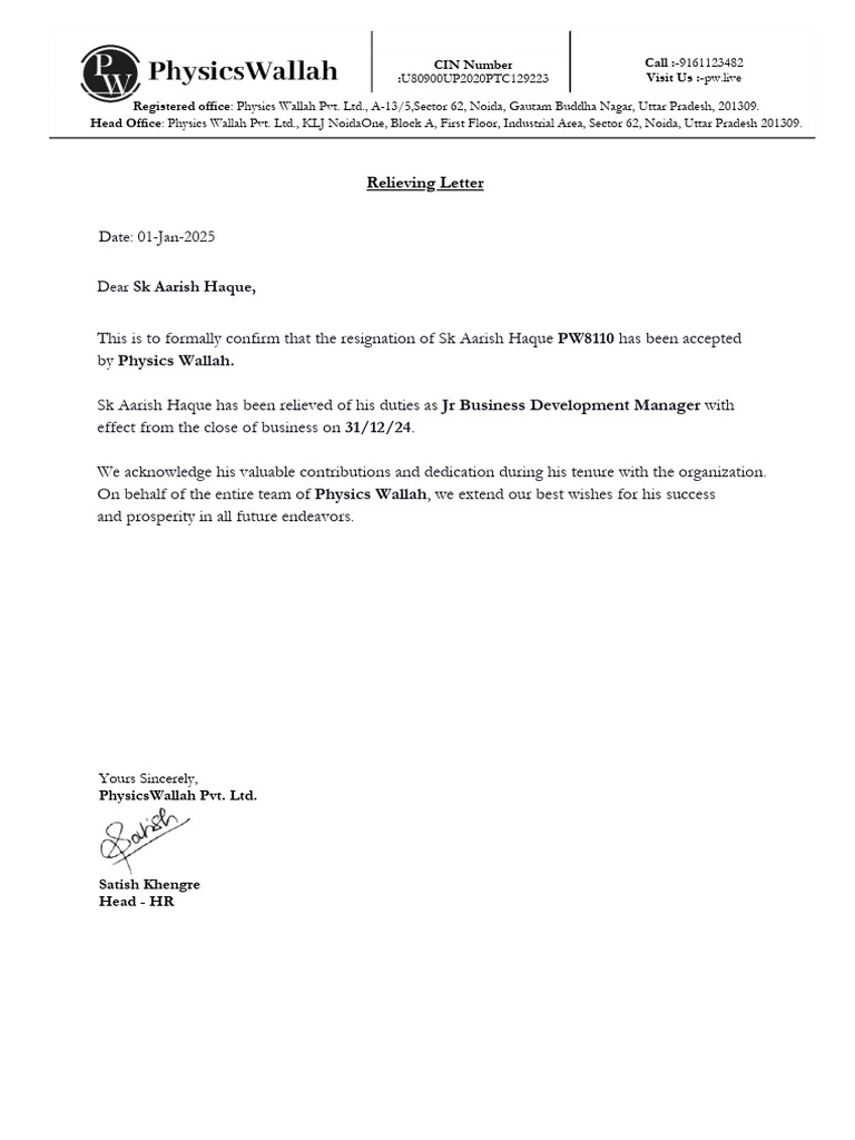 PW Relieving Letter | PDF