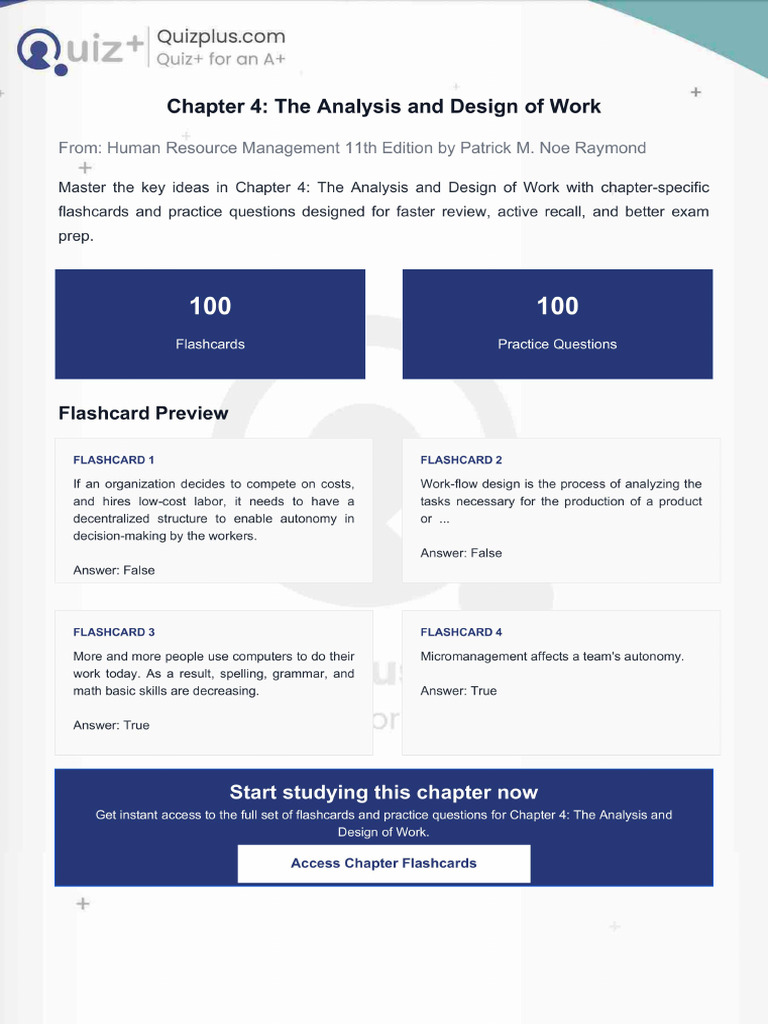 Flashcards for Chapter 4 the Analysis and Design of Work | PDF