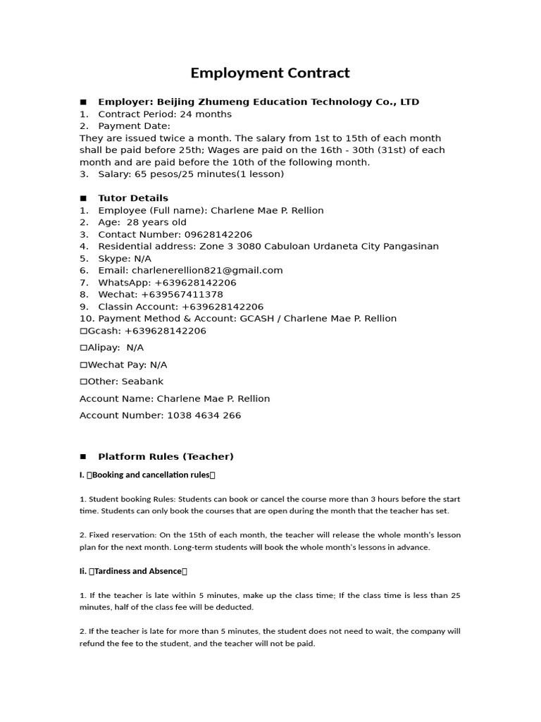 Employment Contract（the Philippines） | PDF | Teachers | Fee