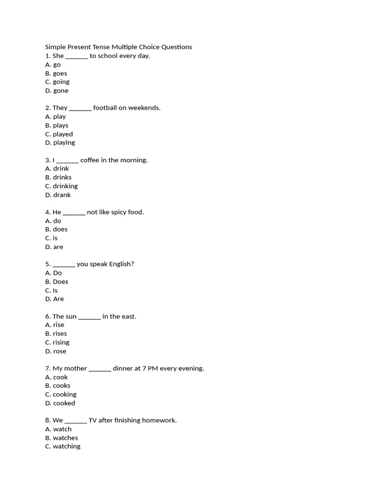 Simple Present Tense Multiple Choice Questions | PDF | Chess Theory