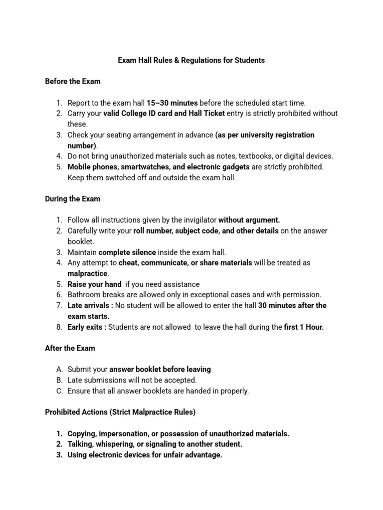 Exam Hall Rules & Regulations For Students | PDF