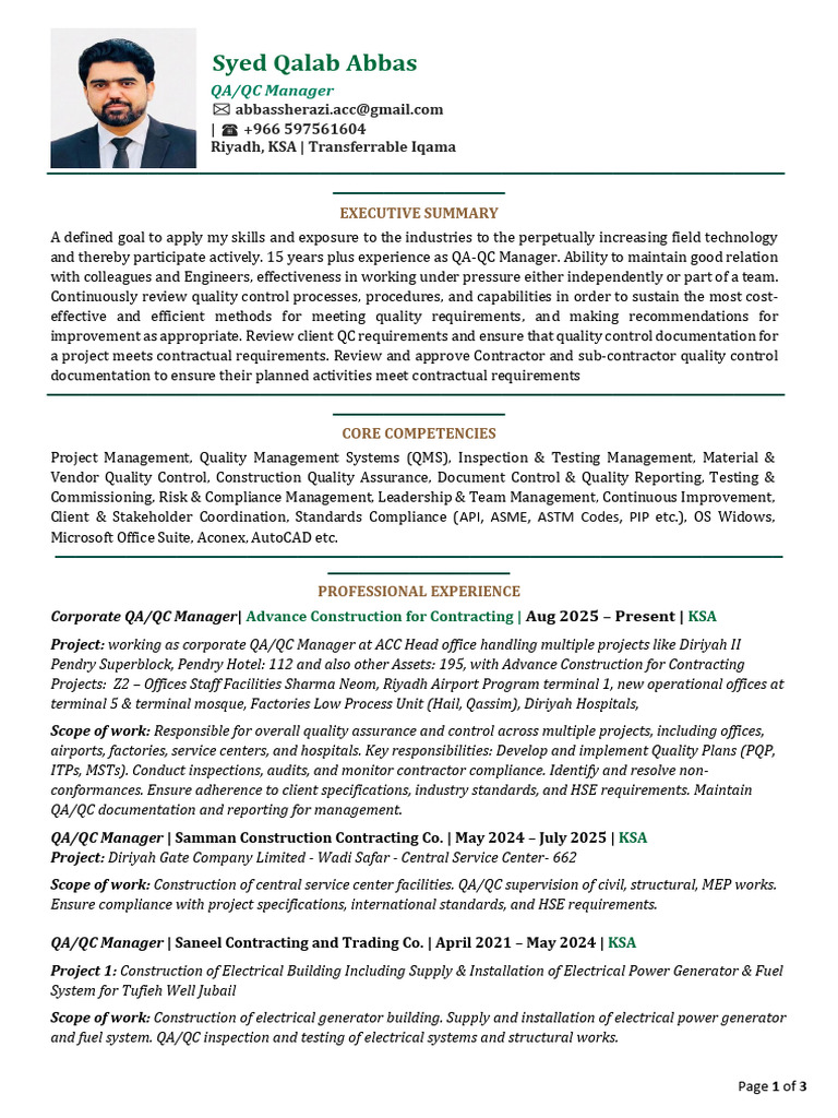 Syed Qalab Abbas CV - QA-QC Manager | PDF | Quality Assurance | Audit