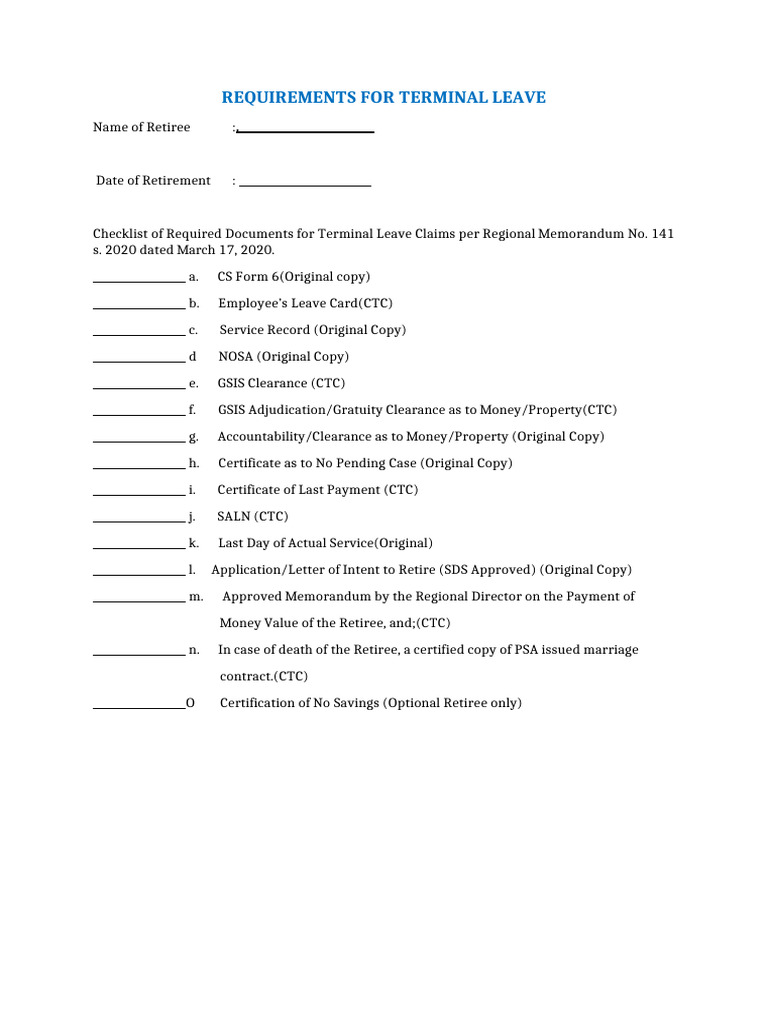 Requirements for Terminal Leave Revised 2020 Region for Request | PDF