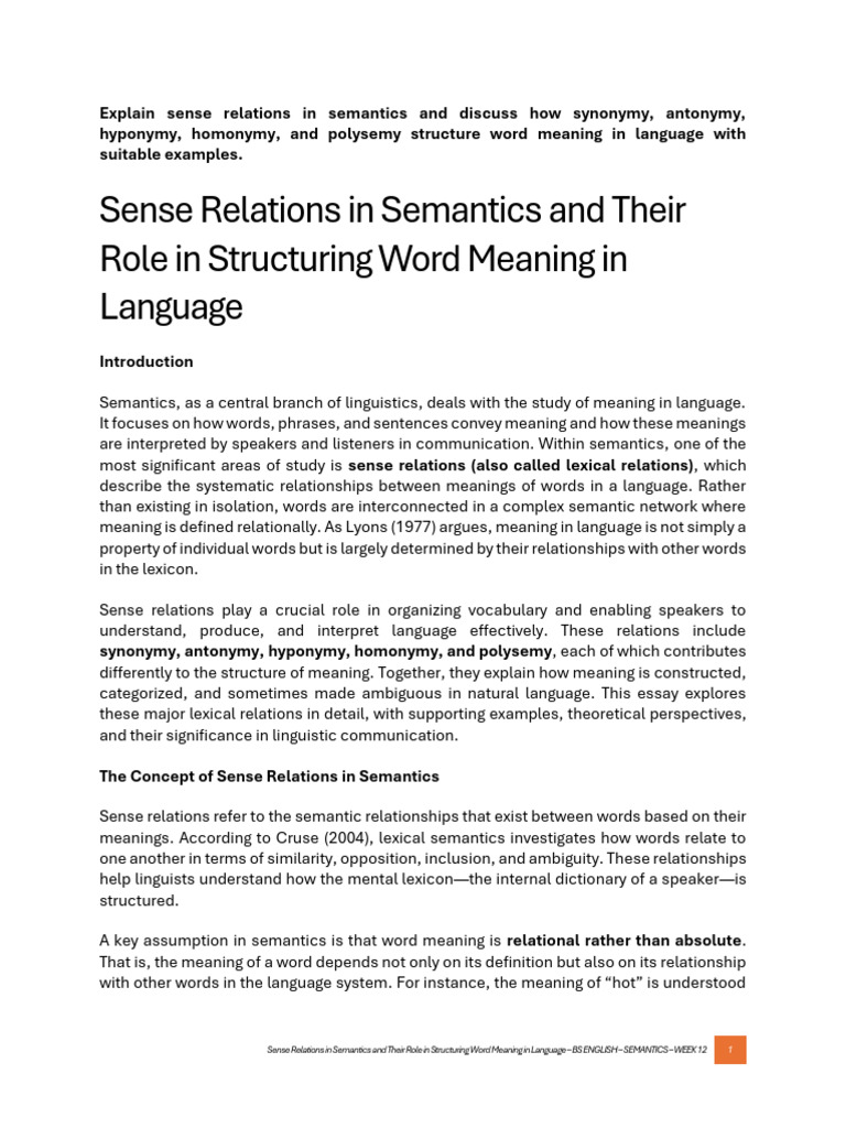 12. ASSIGNMENT SENSE RELATIONS | PDF | Semantics | Lexical Semantics