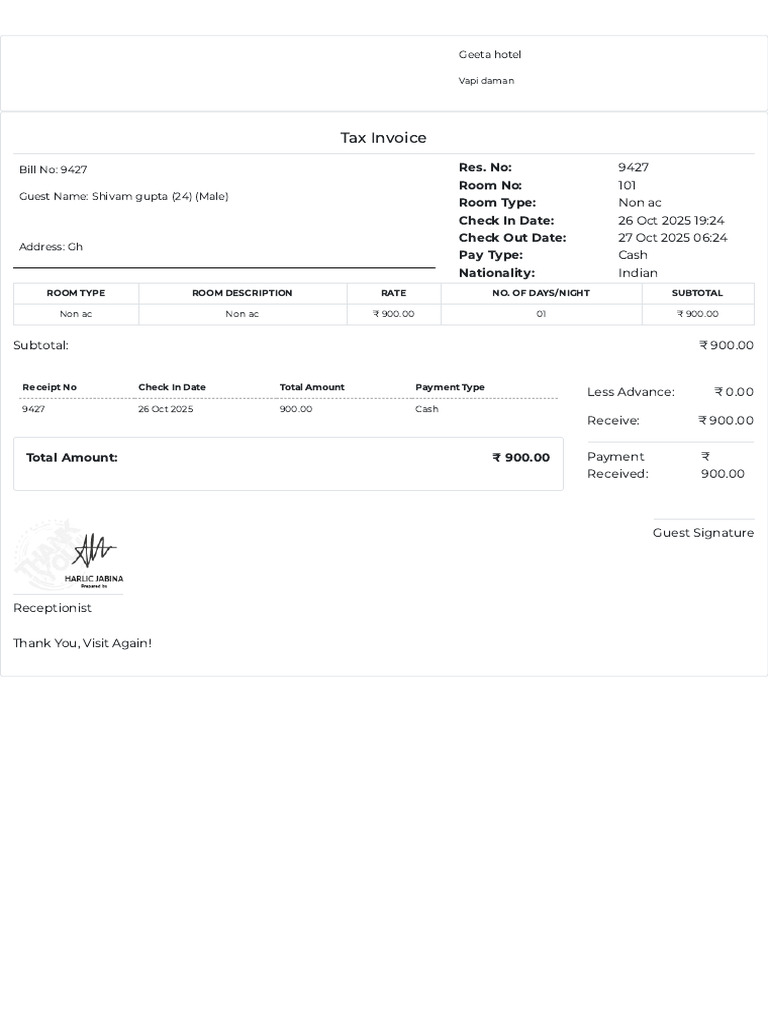 Hotel Bill Template 1 | PDF