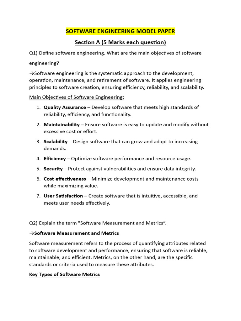 SOFTWARE ENGINEERING MODEL PAPER | PDF | Software Testing | Performance ...