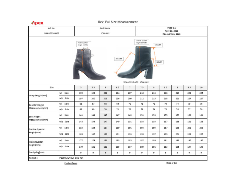 1.1. Measurement Chart WH-US220-H02 JONI-H | PDF