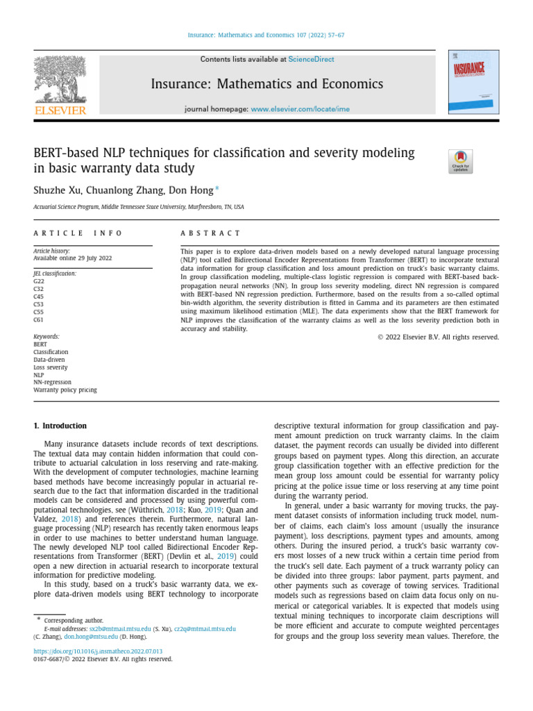 BERT-based NLP Techniques for Classification and Severity Modeling in ...