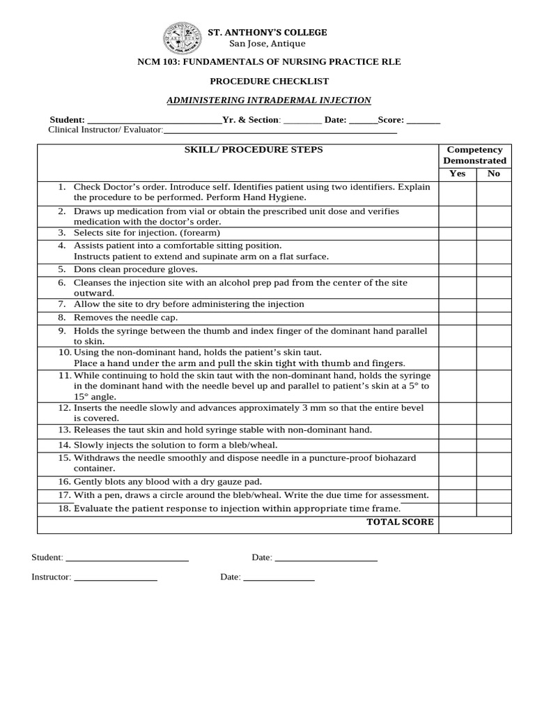 FIinals OSCE 1 INTRADERMAL Procedure Checklist | PDF | Injection ...