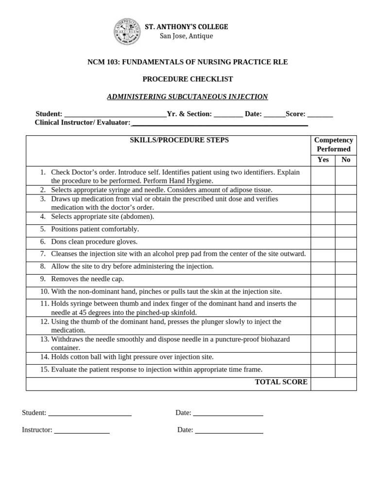 Finals OSCE 1 SUBCUTANEOUS Procedure Checklist | PDF