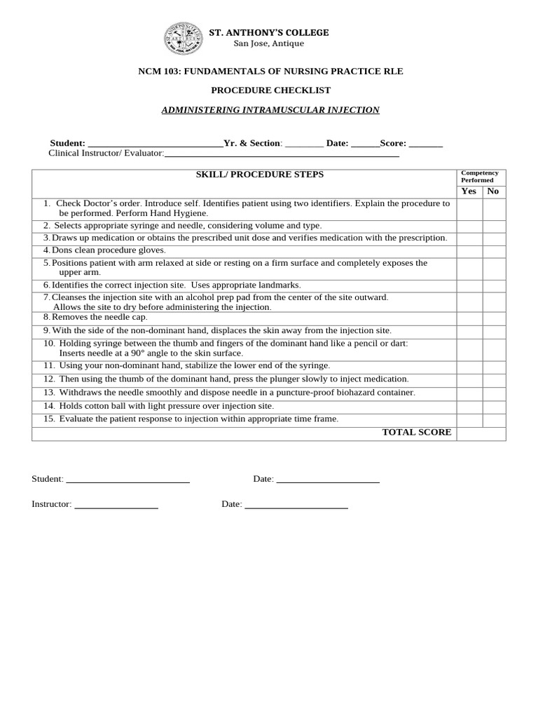Finals OSCE 1 INTRAMUSCULAR Procedure Checklist | PDF | Injection ...