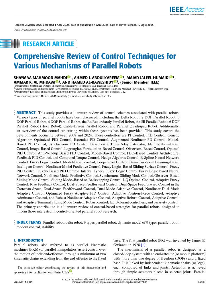 Comprehensive Review of Control Techniques for Various Mechanisms of ...