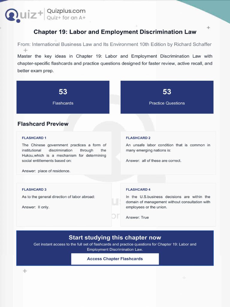 Flashcards for Chapter 19 Labor and Employment Discrimination Law | PDF