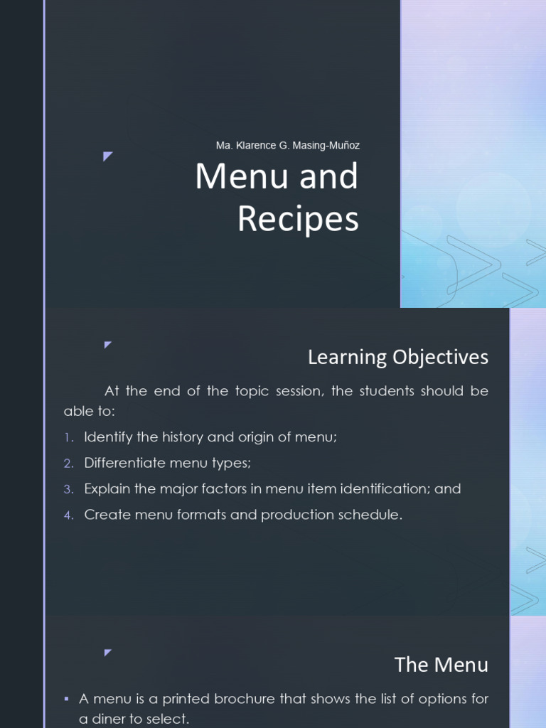 LESSON 6 Menu and Recipe | PDF | Menu | Foods