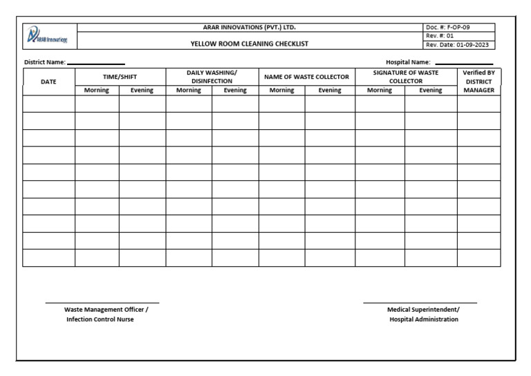 09 Form - Yellow Room Cleaning Checklist (1) | PDF