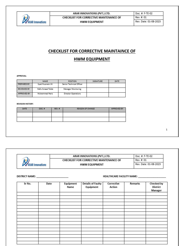 Corrective Maintenance Checklist | PDF