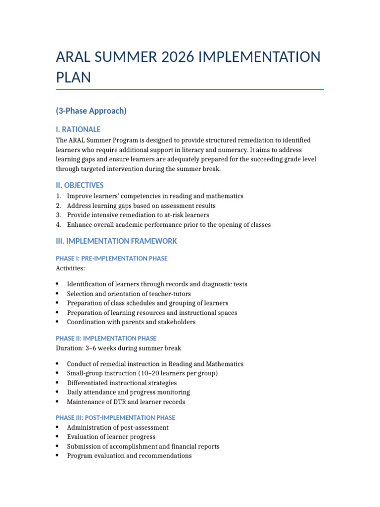 ARAL Summer 2026 Implementation Plan | PDF