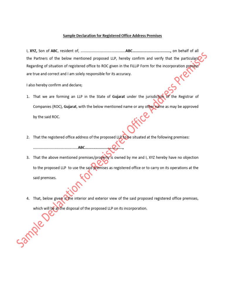 Sample Declaration for Registered Office Premises | PDF
