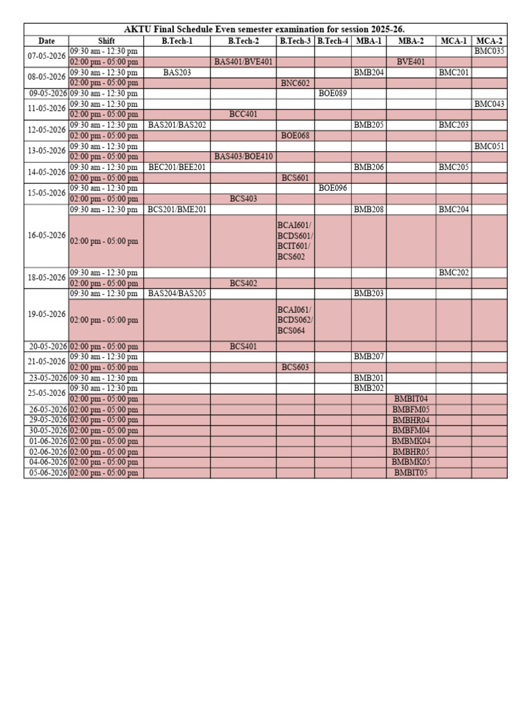 AKTU Final Schedule Even Semester Examination for Session 2025-26. | PDF