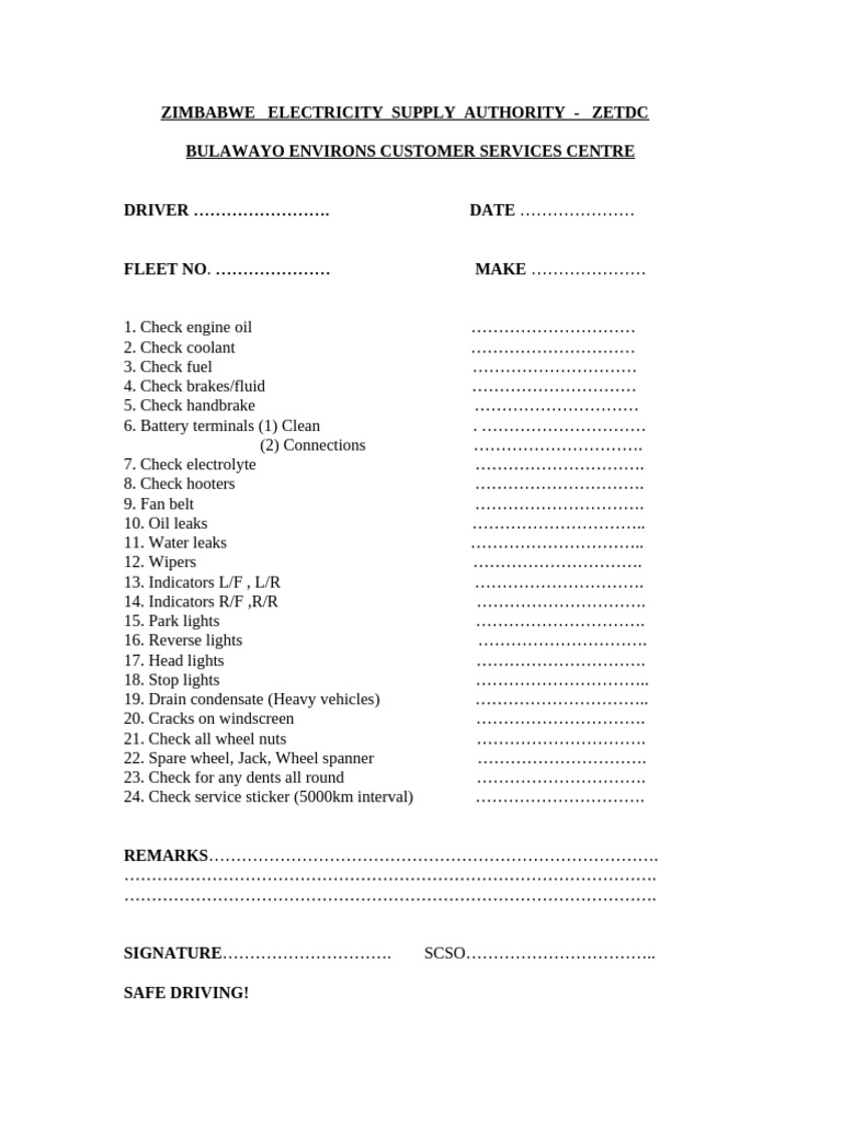 Vehicle Pre-start Checks | PDF