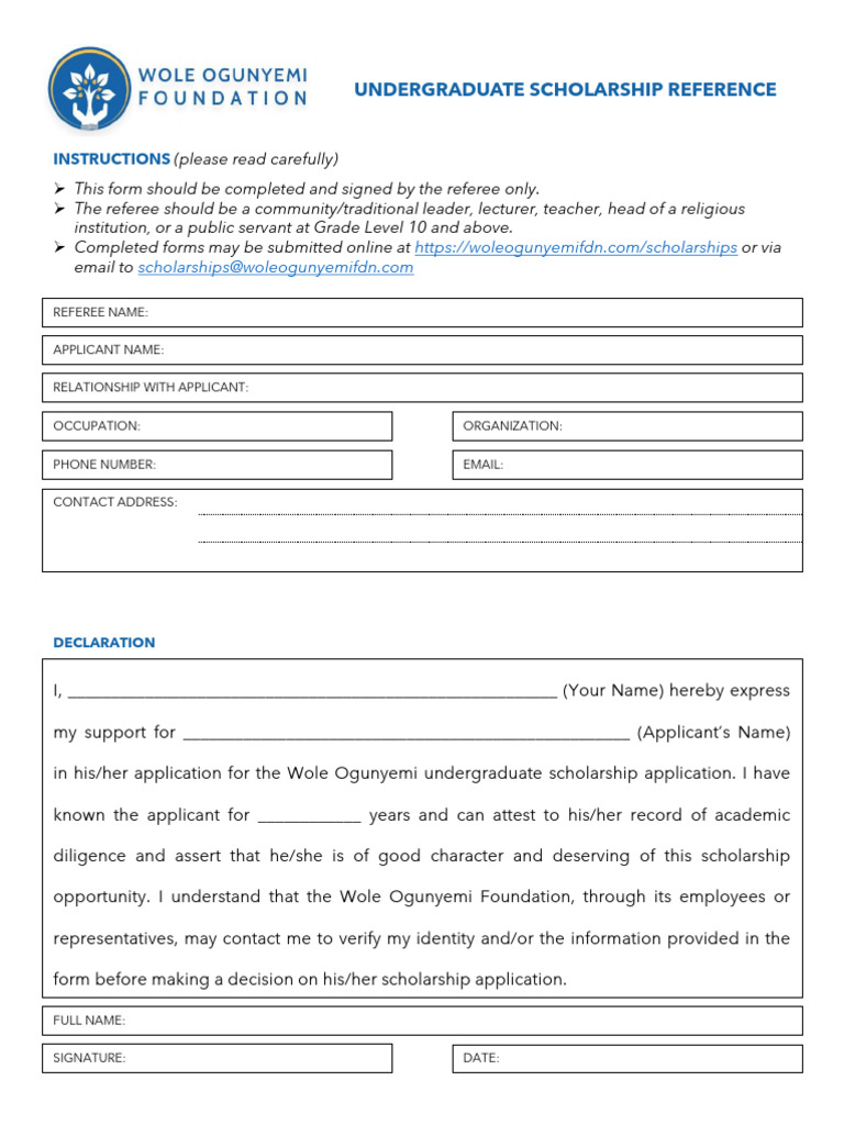 Scholarship Reference Form Undergraduate | PDF