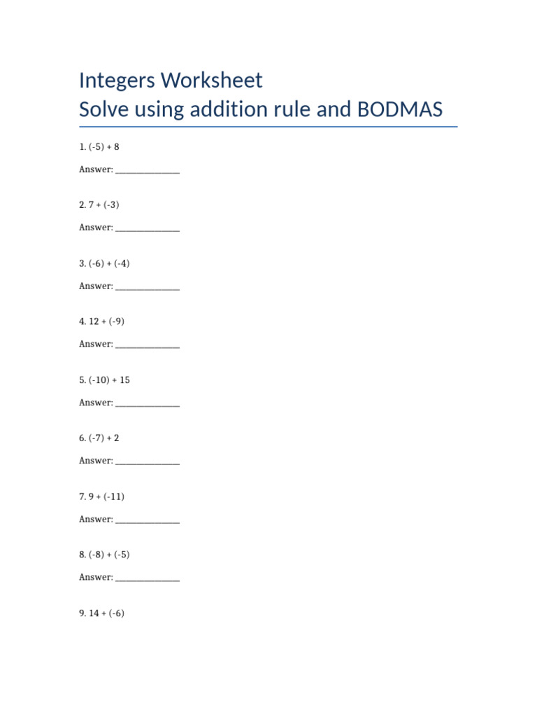 Integers Worksheet | PDF