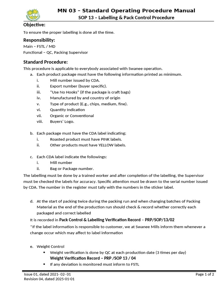 13. SOP - Labelling Procedure | PDF | Weight