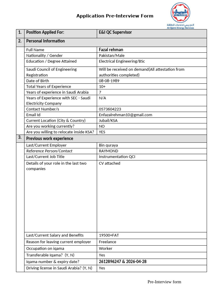 Al Ojaimi Energy Services Pre Interview Form (003) (1) | PDF