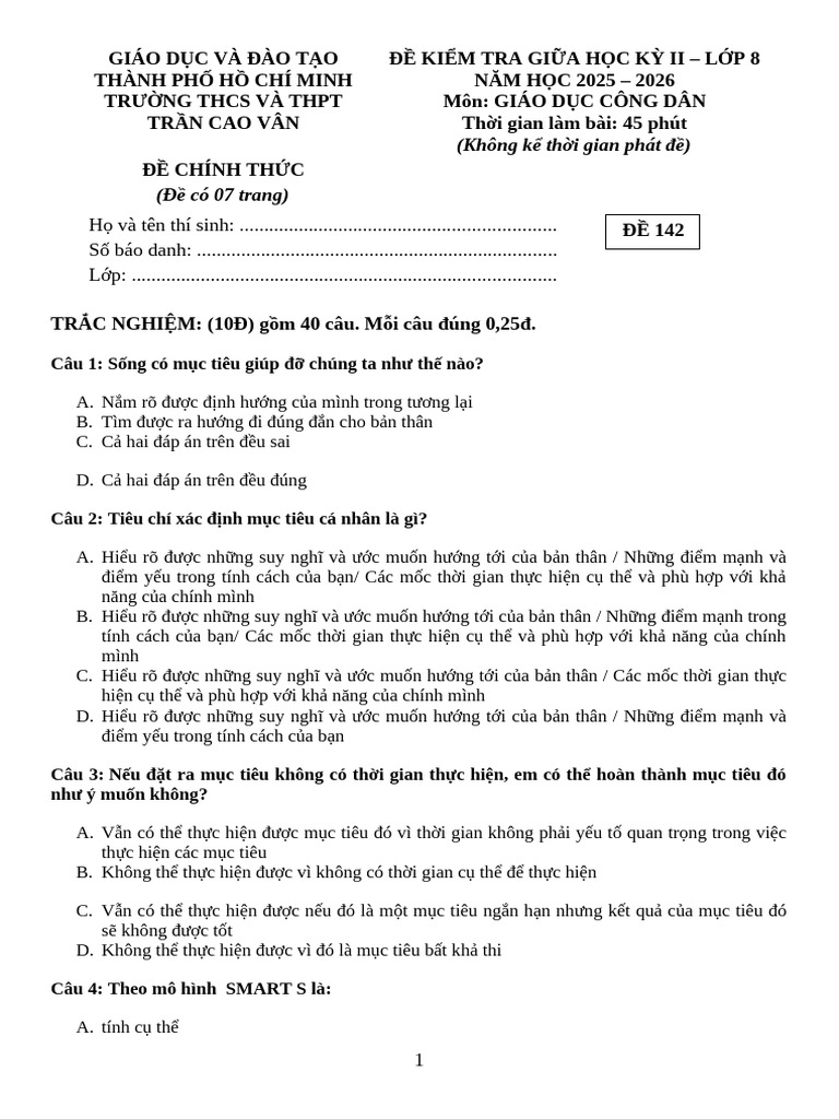 73. Đề Thi Gdcd 8 Thi Giữa Hk2 2025-2026 Tcv | PDF