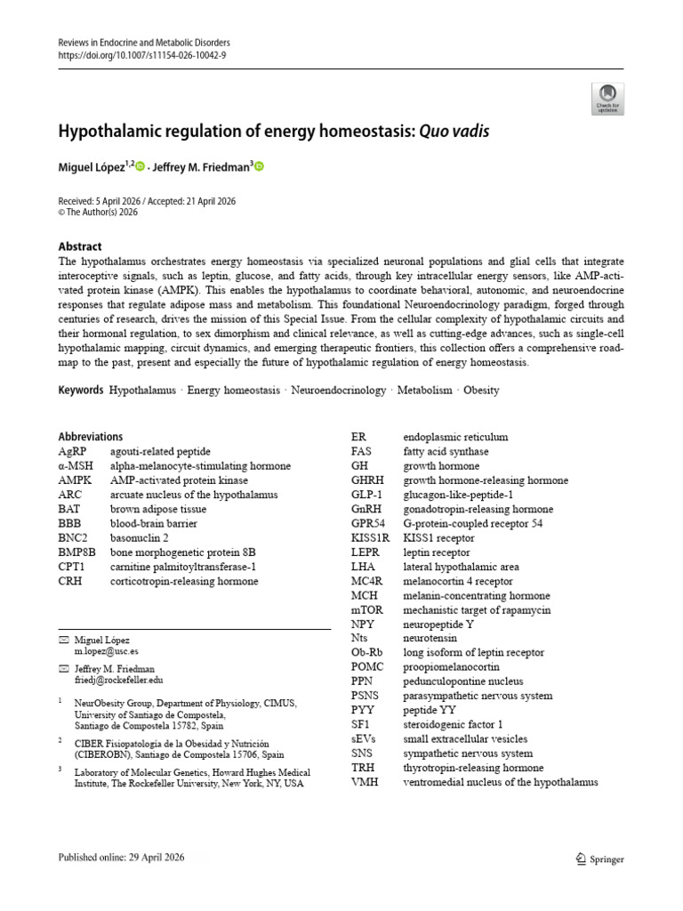 Hypothalamic Regulation of Energy Homeostasis Quo Vadis Lopez y ...