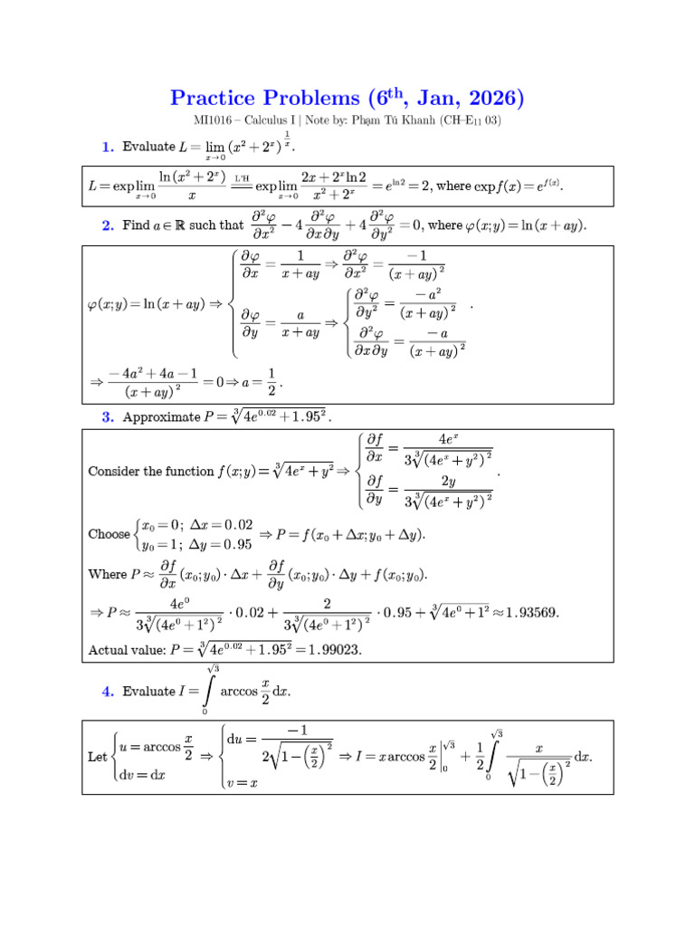 Calculus 1 - Practice Problems (6.1.2026) | PDF | Asymptote | Calculus