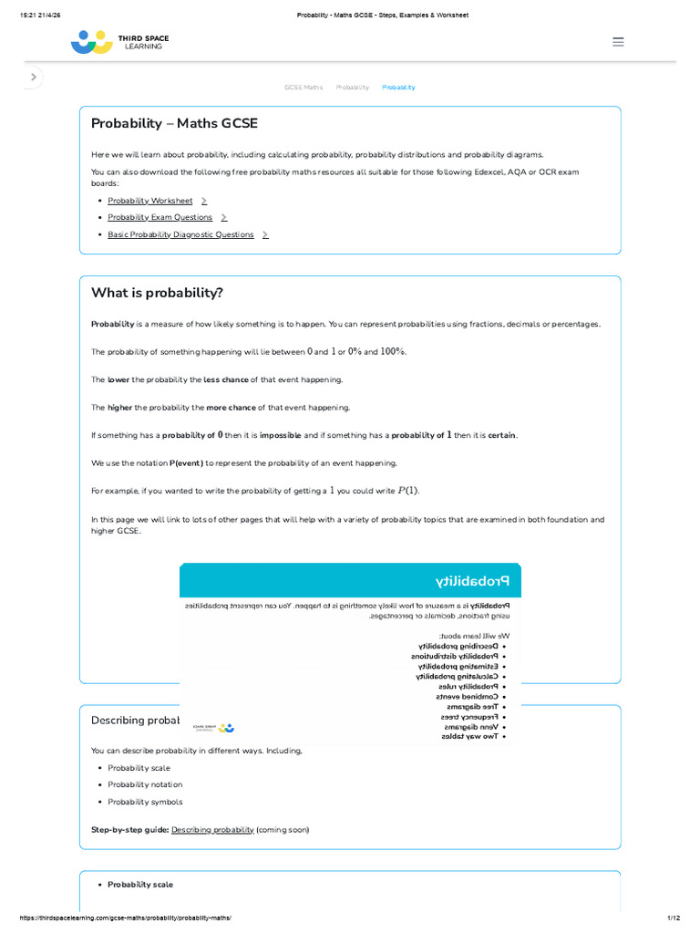 Probability - Maths GCSE - Steps, Examples & Worksheet | PDF ...