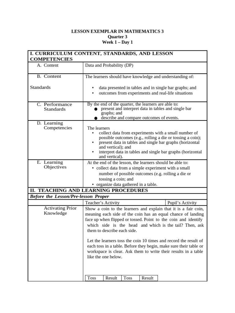 LESSON EXEMPLAR IN MATHEMATICS 3-Q3-W1-D1 | PDF