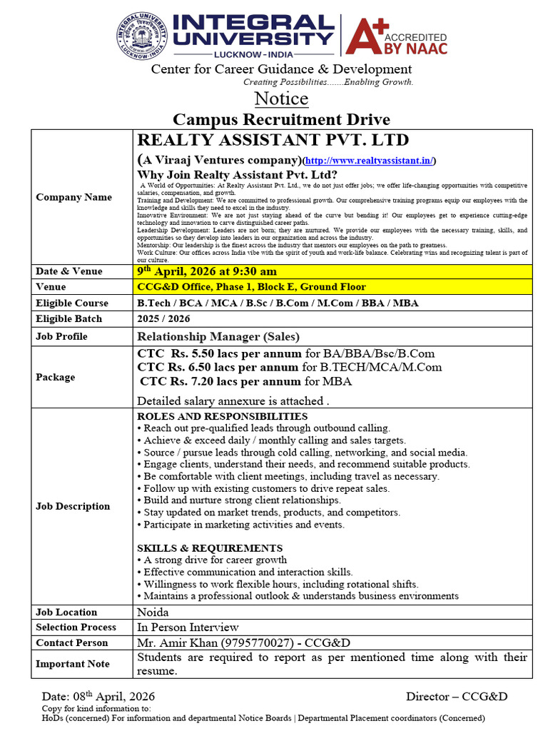 Notice Realt Assistant 25 26 April Interview | PDF