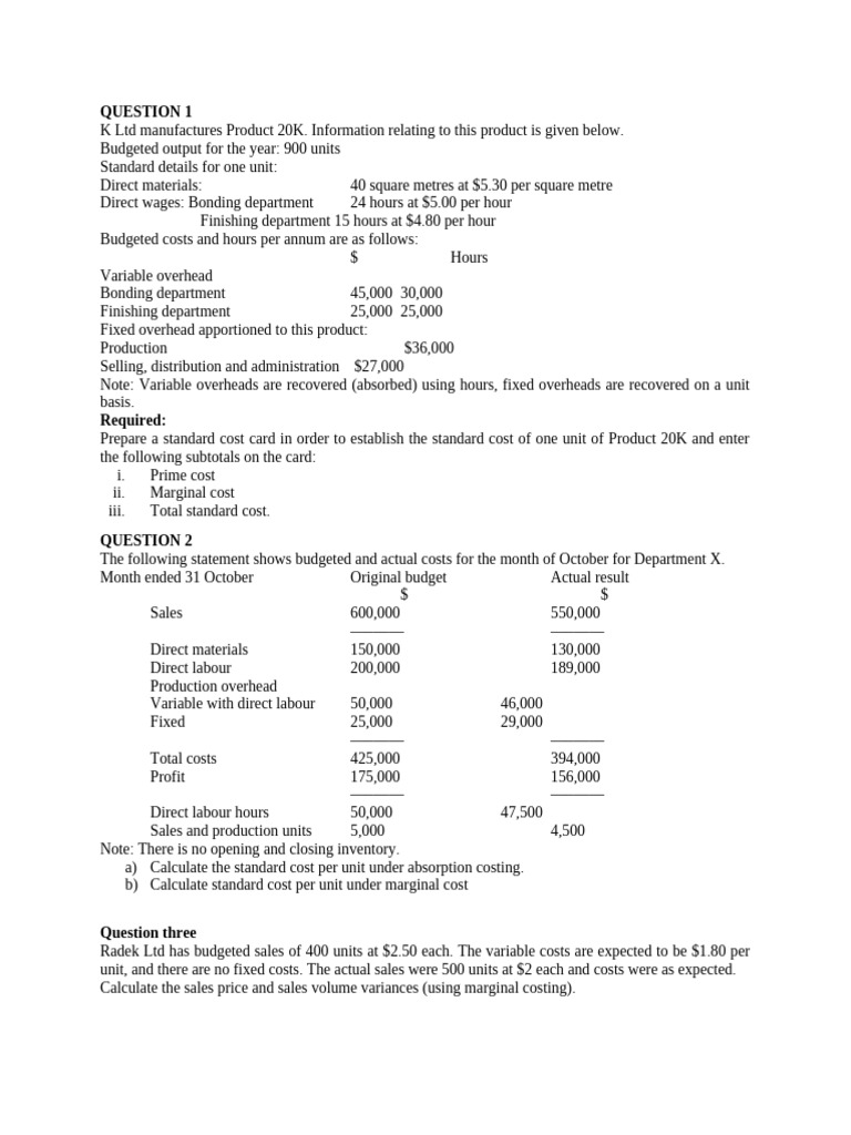 Standard Costing and Variance Analysis Questions | PDF | Economics ...